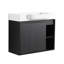 Meuble-lavabo mural blanc en céramique 28 po avec aspect chêne foncé, mécanisme de fermeture en douceur, 45 poignées cachées, armoire à une porte, deux tablettes ouvertes, finition à l'eau, fonction, design,
