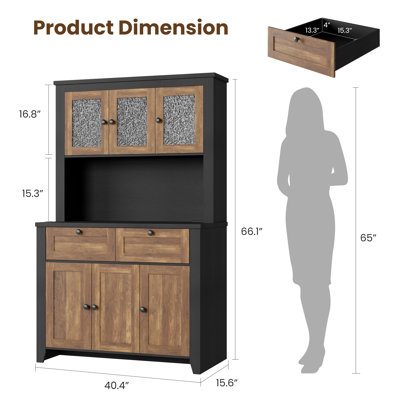 Pantry Cabinet with  Charging Station, Farmhouse Kitchen Pantry Storage Cabinet with Countertop, Large Kitchen Hutch with Storage Drawers and Adjustable Shelves & Water Ripple Design for Dining Room,