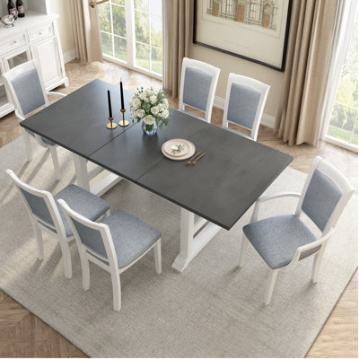 7-Piece Updated 76.9Inch Extendable Trestle Dining Table Set With Removable Leaf, Kitchen Table Set With Upholstered Side Chair And Arm Chair, Set Of -  Latitude RunÂ®, BA4818DF45E34928BD40C07811302A10