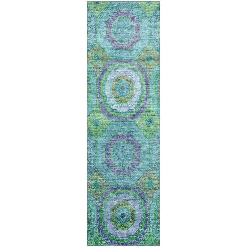 Premium Machine Washable Mayfield AMF2049 Panel Rug, 2'3" x 7'6" Runner, Teal
