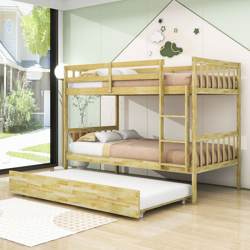 Keyen Convertible Twin Over Twin Wood Bunk Bed With Twin Trundle, Natural