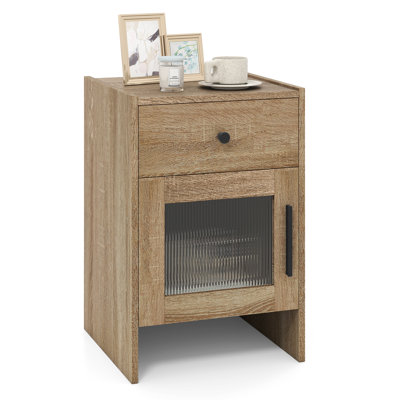 Farmhouse Nightstand with Drawer & Cabinet, Wooden Bedside Table for Bedroom, Living Room or Home Office, Natural