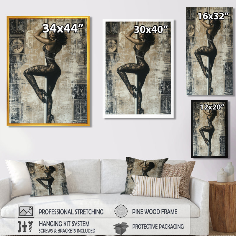 Exotique mât danseuse - Dentelle, femme, art mural, salon, Encadrement argenté, H 32 po x l 16 po