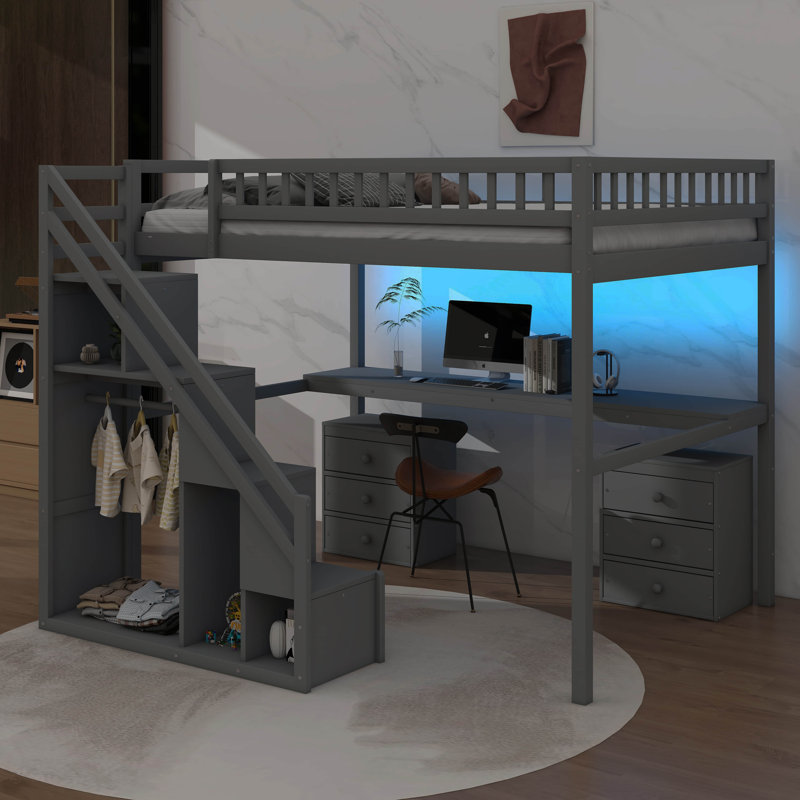 Lit mezzanine amélioré avec bureau et barre lumineuse illuminée, Double, Gris