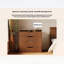 Meuble-lavabo compact 3-en-1 en noyer avec miroir rabattable, bureau en verre et 3 tiroirs pour le maquillage et le rangement