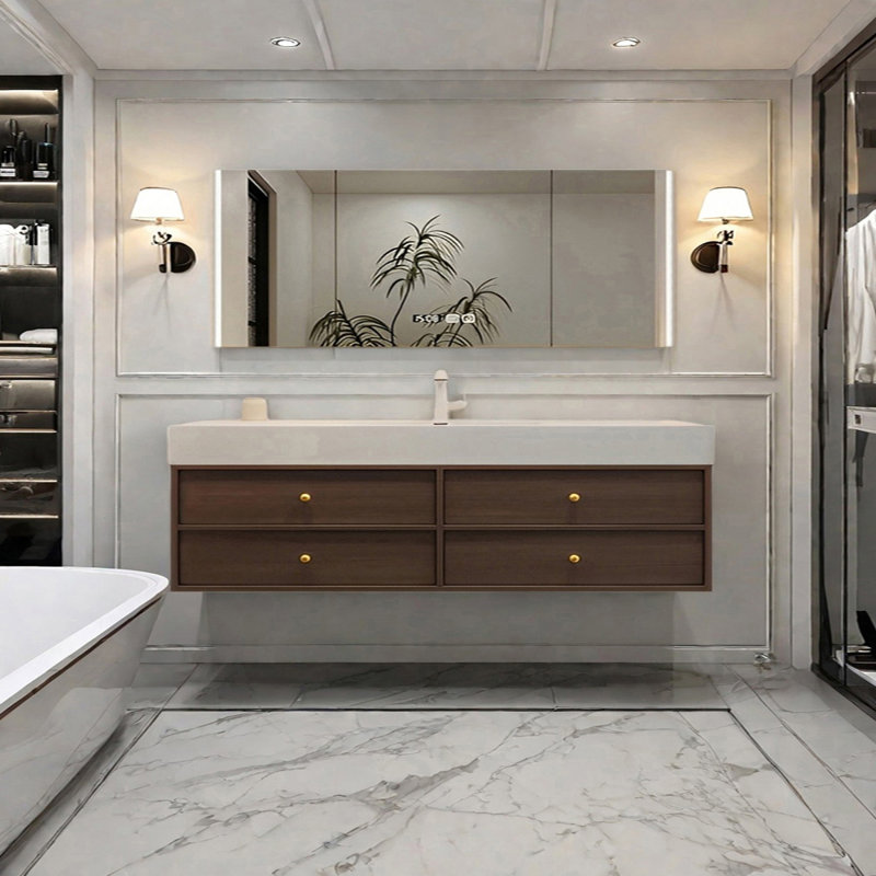 Middle ancient style intelligent bathroom cabinet, H 21,65 po x l 70,86 po x P 21,65 po, Noyer