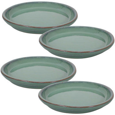 Round Glazed Ceramic Flower Pot Saucer Set of 4 - Fits 12" Planters - Seafoam