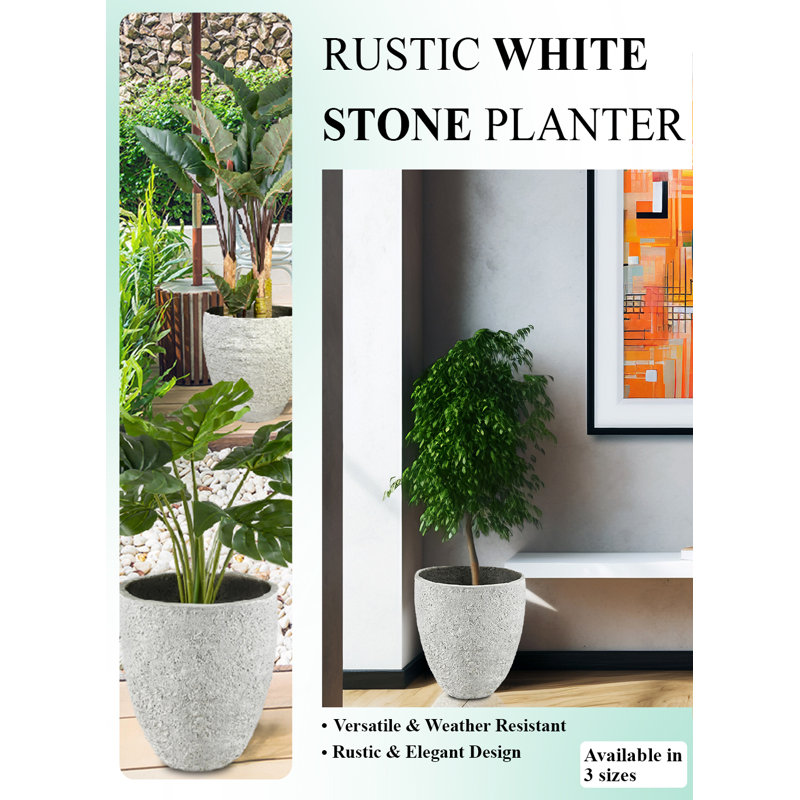 Rustic White Stone Planter, Textured Indoor/Outdoor Plant Pot, Weather-Resistant Garden, Patio, Office, Restaurant Décor