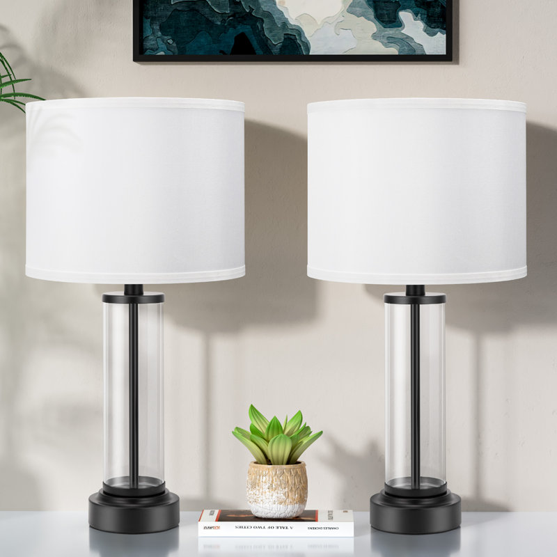 23'' Modern Glass Table Lamp Set with 3-Way Touch Control and USB A&C, Black