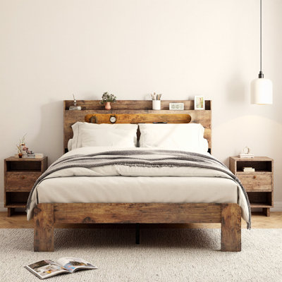 Norvessa 80" Full Size Platform Bed Frame | Dark Brown Wood + Metal Industrial Style, LED Light Headboard, 2 USB Ports, Noise-Free Slats, 12" Under-Bed Storage, No Box Spring, 45-min Assembly