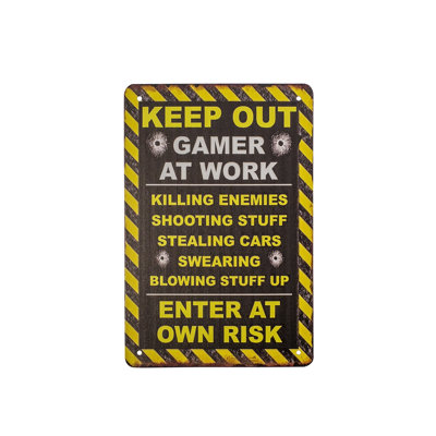 Caution Keep Out Gamer At Work Metal Wall Sign Funny Dorm Bedroom Man Cave Decor