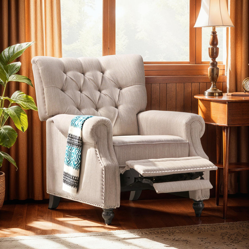 Beige Fabric Button-Tufted Push-Back Recliner with Nailhead Accents
