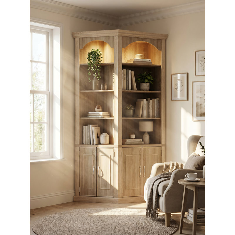 90.3'' Tall Corner Bookcase With Cabinet Doors, 2 Top Spotlights And 3-Color Lighting, Oak