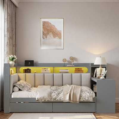 Upholstered Daybed With Storage Shelves, Drawers, Charging Station, Led Light And Desk