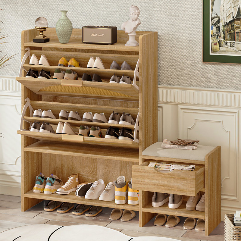 Armoire de rangement à chaussures en chêne avec siège rembourré