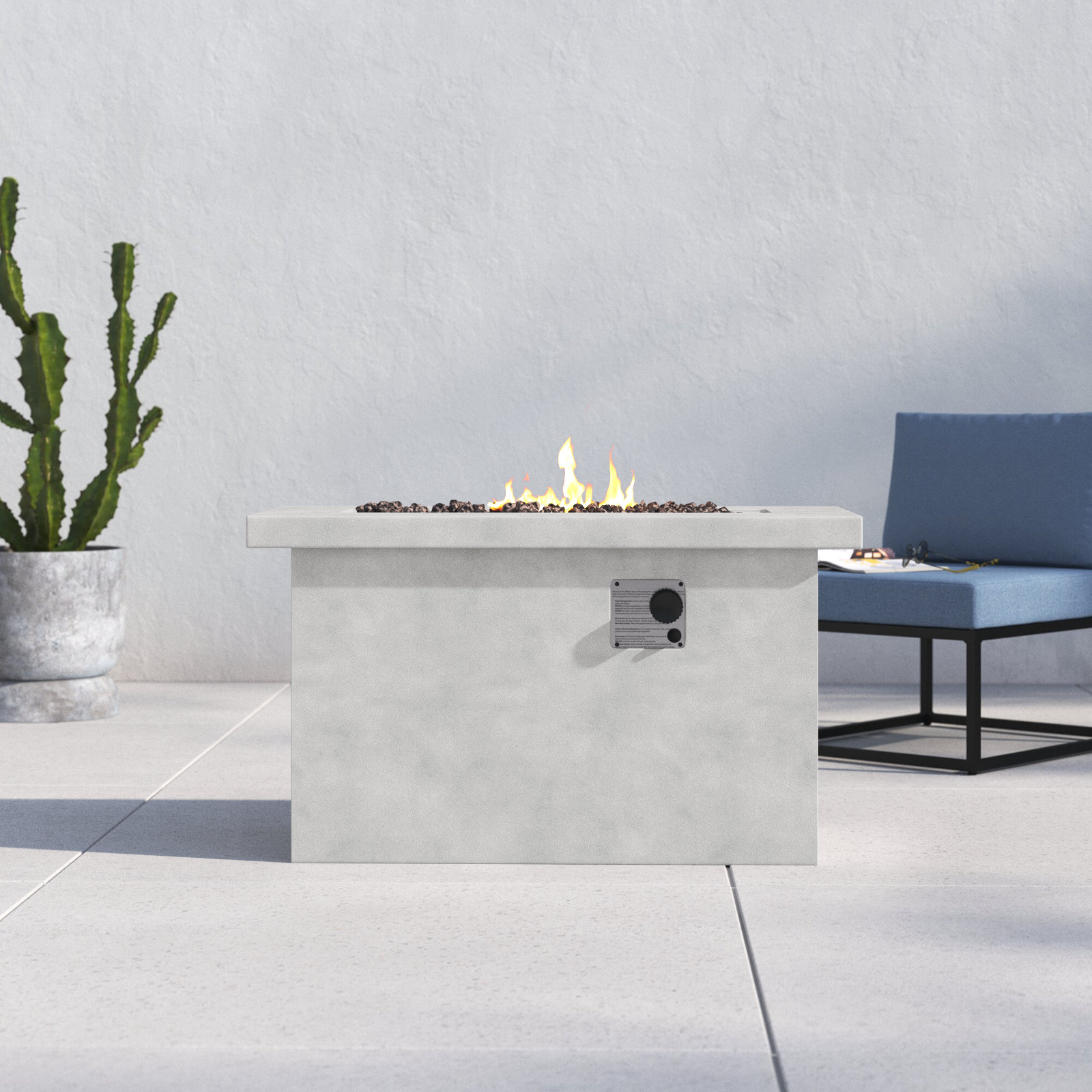 Rashid Rectangle Fire Pit Table, 24" H x 42" W x 20" D, Natural Concrete