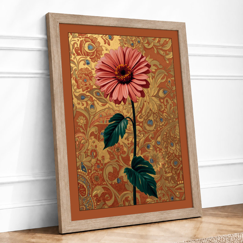 Pink Gerbera On Gold Botanical - Print, A1 - 84.1 x 59.4 cm, Oak