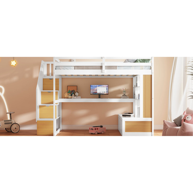 Lit mezzanine double avec bureau, tablettes, tiroirs
