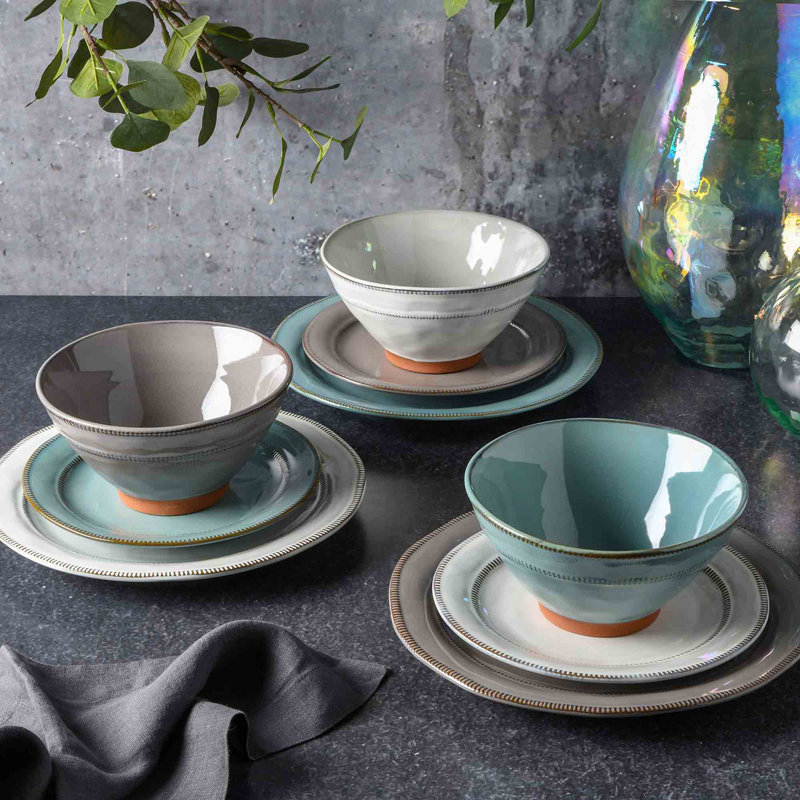 Teal Ceramic 12-Piece Dinnerware Set with Reactive Glaze