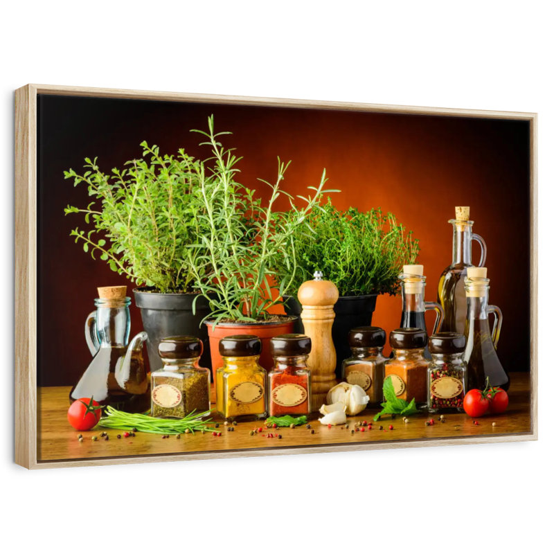 Cuisiner avec des épices et des herbes, Cadre flottant en bois naturel, 31 po x 21 po
