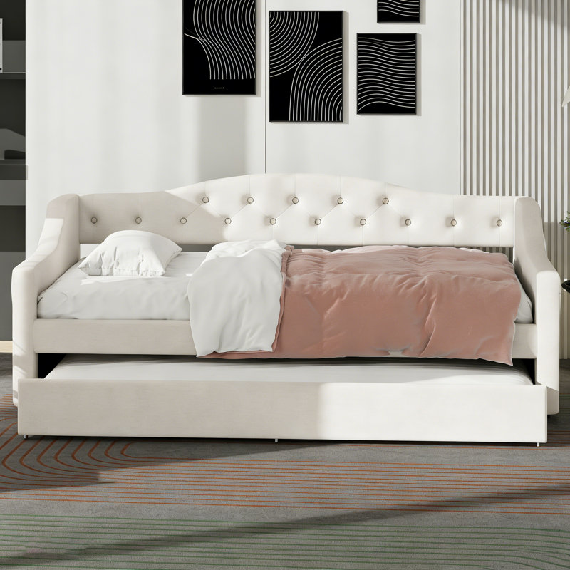 Sofa Bed Twin XL With Trundle And LED Lighting, Twin Extra-Long, Beige