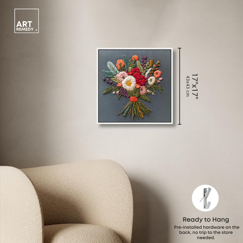 «Stitched Bloom Bouquet I», impressions sur toile par Art Remedy, H 17 po x l 17 po, Cadre blanc