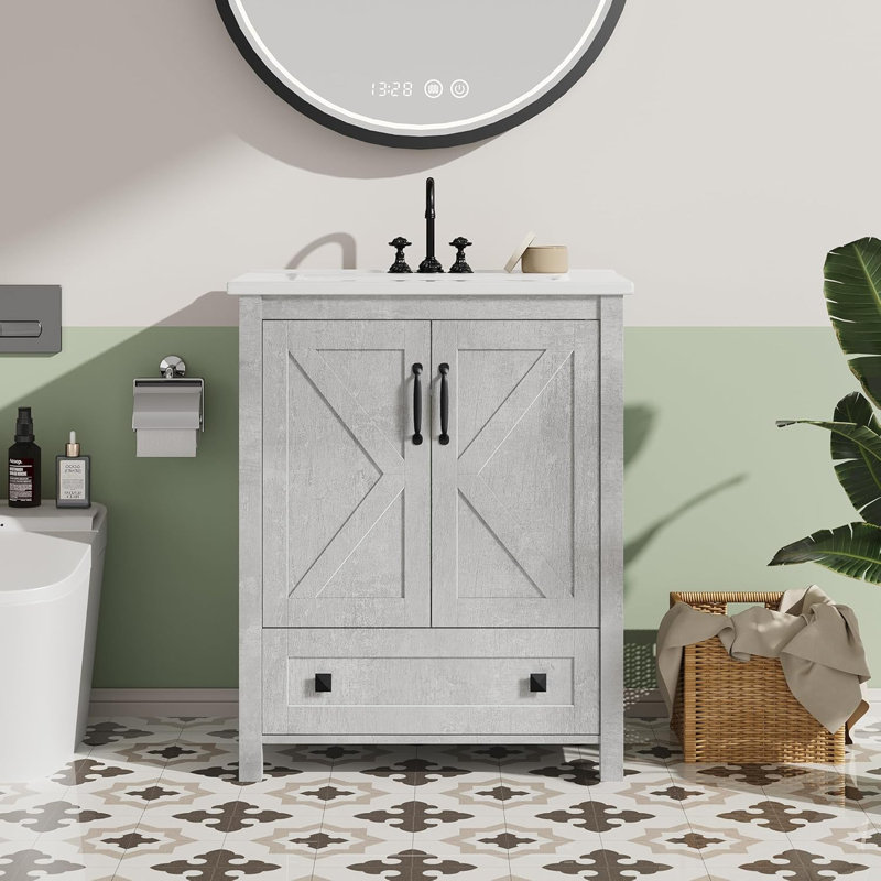 24" Bathroom Vanity with Ceramic Sink, Modern Freestanding Vanity Cabinet with 2 Doors & Drawer, Wood Storage for Small Bathroom, Grey