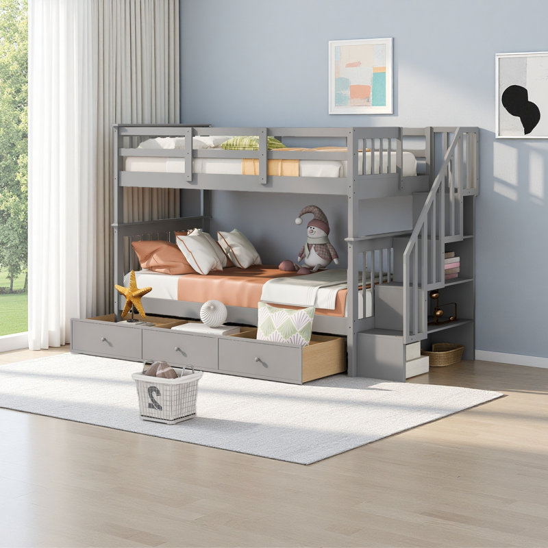 Lit superposé simple au-dessus de simple avec trois tiroirs pour chambre à coucher, dortoir Stairway, Gris