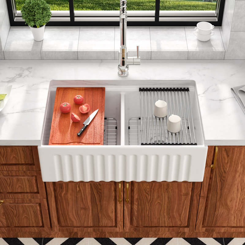 33" L X 20" W Farmhouse Kitchen Sink White Ceramic Workstation Sink Apron Front Double Bowl Sink, Chrome
