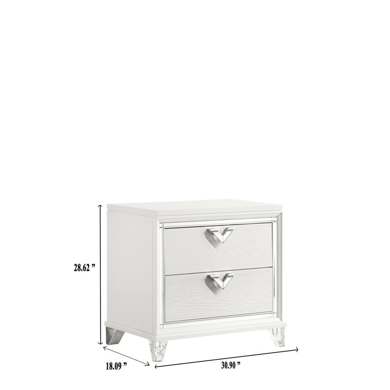 Table de chevet pour chambre à coucher avec 2 tiroirs, lueur DEL et poignée en forme de V en blanc - 2 poignées inhabituelles modernes pour