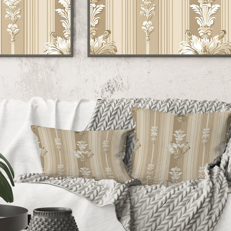 Coussin lombaire traditionnel beige à rayures damassées I