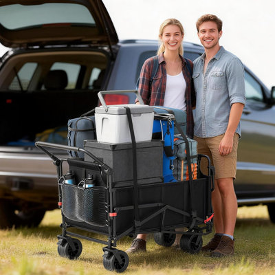 Chariot de chariot pliant robuste avec freins, chariot utilitaire pliable 2-en-1 convertible en lits de camping pliants, chariot de plage tout-terrain d'une capacité de 650 lb pour l'équipement extérieur