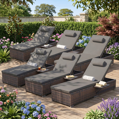  Outdoor Rattan Chaise Lounge Set of 6 with Reclining Backrest, Sidetable, Cushions & Head Pillows