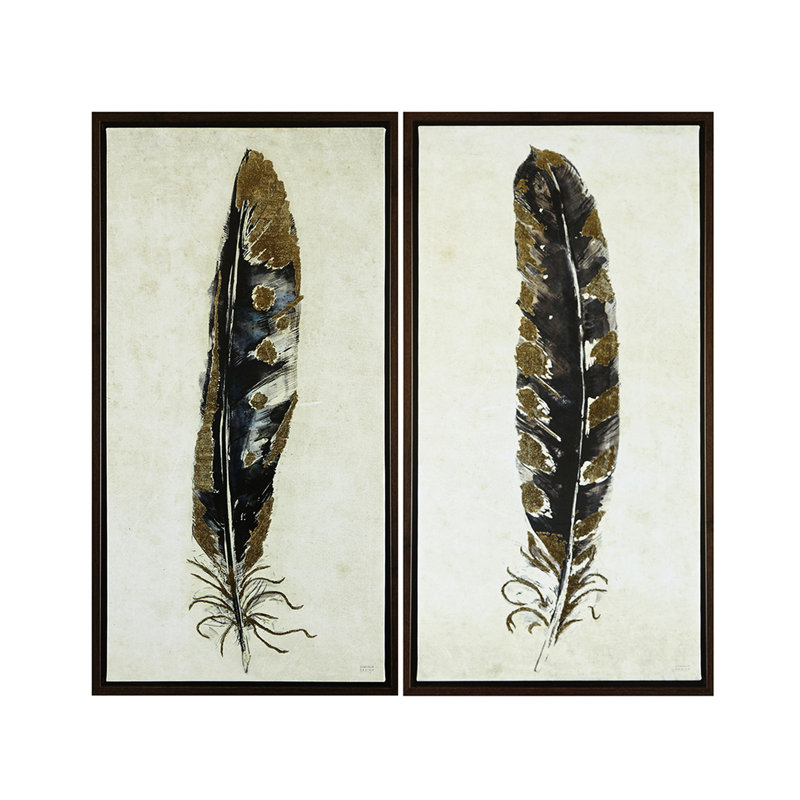 Art mural doré 2 avec images de plumes et accents métalliques, cadre en bois brun, toile de l 16,75 po x H 31,75 po x P 1,625 po avec œuvre d'art dorée de P 1,625 po, utilisation à l'intérieur