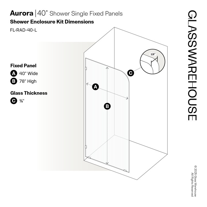 Aurora 40 in. x 78 in. Fully Frameless Fluted Radius Single Fixed Shower Panel, Left, Polished Chrome