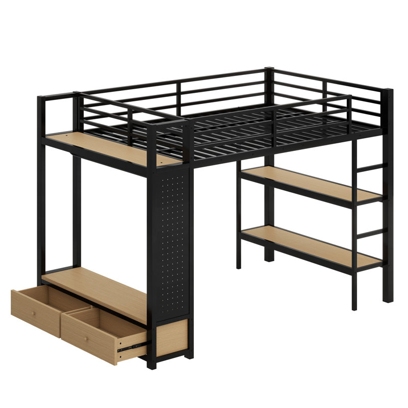 Structure de lit mezzanine avec garde-robe, lit mezzanine en métal avec tablettes de rangement et panneau perforé, Double