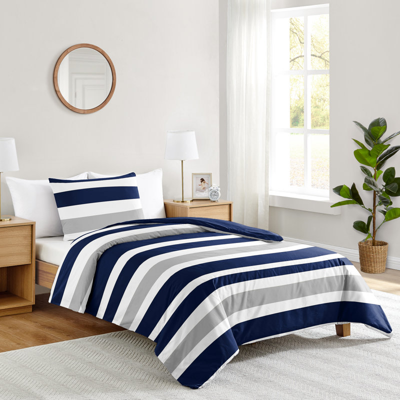 Ensemble d'édredon à rayures, Édredon simple + 3 pièces supplémentaires, Gris / bleu marine