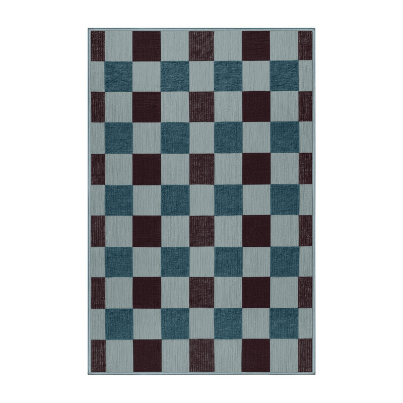 Machine Washable Checkered Blue Area Rug, Runner 2' x 5'