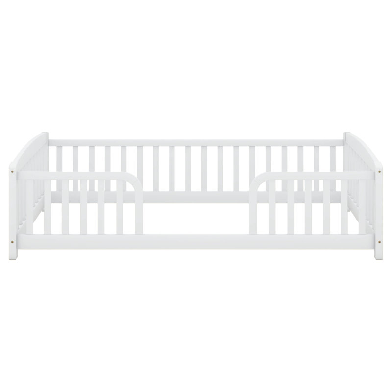 Lit de clôture de plancher avec entrée centrale, structure Montessori en bois de pin avec garde-corps, plateforme à profil bas pour enfants