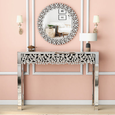 Mirrored Console Table With Round Crystal Wall Mirror Modern Glam Stylish