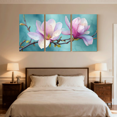 Plantes et fleurs, fleurs de magnolia roses sur fond bleu sarcelle, ensemble de 3 impressions sur toile