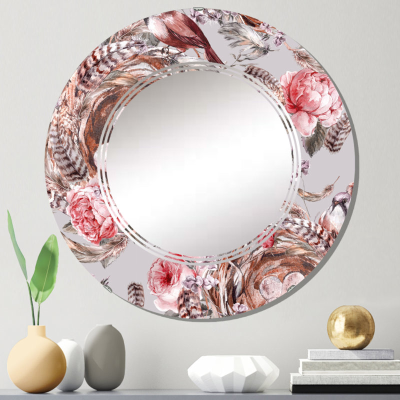 Motif rétro avec nids d'oiseaux roses, plumes I - miroir mural à motif rond, 24 po x 24 po