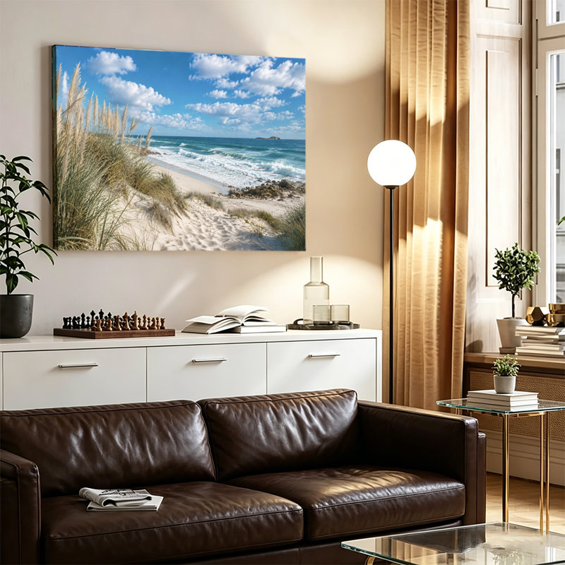 «Bright Coastal Beach Landscape Gallery», reproduction d'art sur toile tendue avec de l'herbe turquoise et un ciel bleu