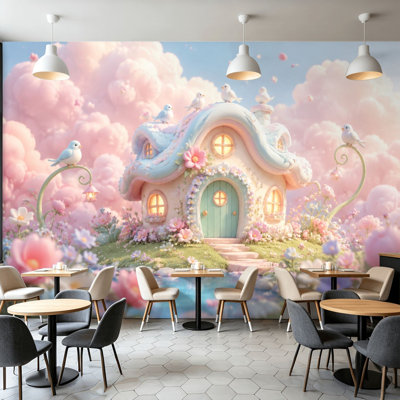 Peler et coller papier peint mural fantaisiste, conte de fées, décor floral, ciel rose, art mural auto-adhésif et amovible