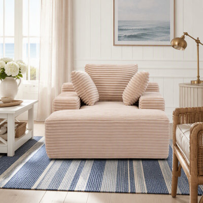 Très grand méridienne surdimensionnée, canapé-lit douillet en velours côtelé moelleux moderne avec 3 coussins décoratifs et accoudoirs larges pour le salon, sans assemblage requis, beige