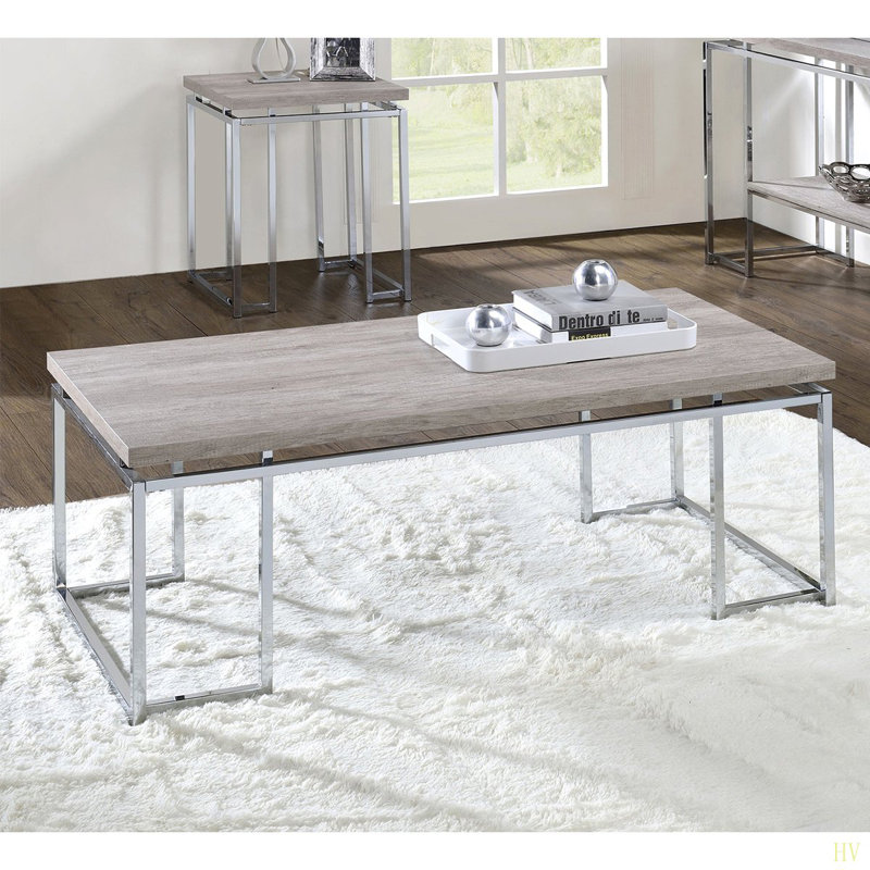 Table basse rectangulaire avec base traîneau en métal et chrome