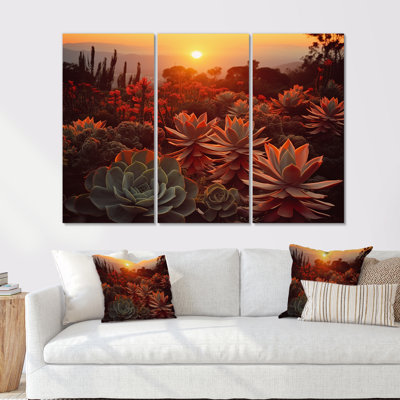 «Green» and Red Succulent Cactus Field Sunset II - Succulent Canvas Wall Art, ensemble