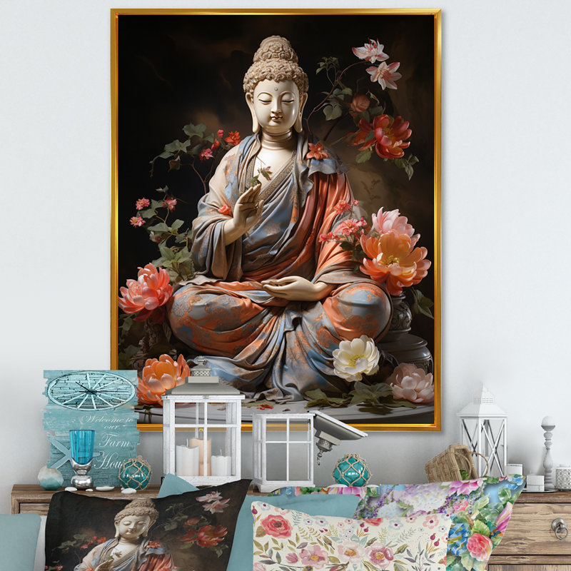 Corail gris bouddhiste Art bouddhas geste - décoration murale bouddhisme, L 12 po x H 20 po x P 1 po, Cadre flottant doré