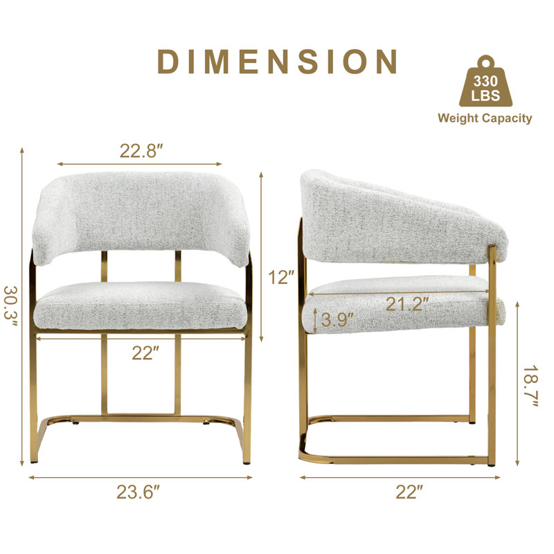 Modern 22" Seat Wide Metal Frame Chenille Upholstered Armchair Dining Chair (White), White