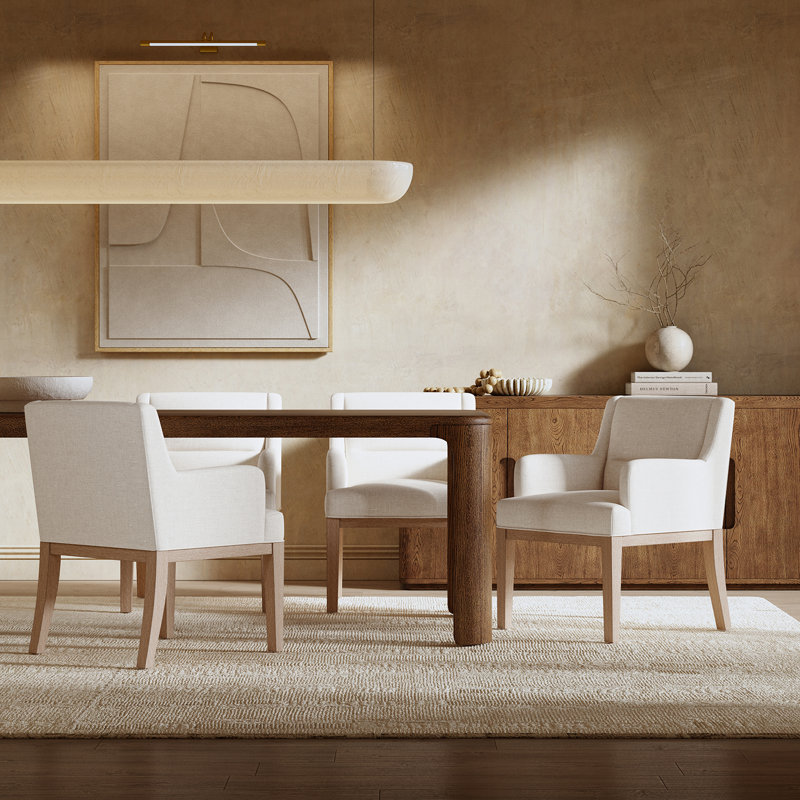Noble 32.5" Tall Solid Wood Legs Upholstered Dining Chair Set with Gently Curved Arms, Ivory
